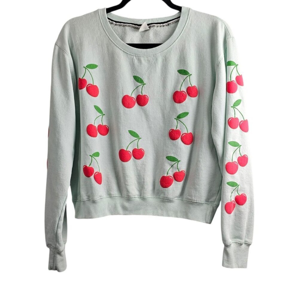 Relaxx Cherry Print Pull Over Cropped Light Green Long Sleeve Sweatshirt Top